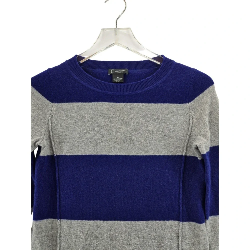 C by Bloomingdales Cashmere Sweater‎ Womens XS Blue Gray Striped Crew Neck 2-Ply